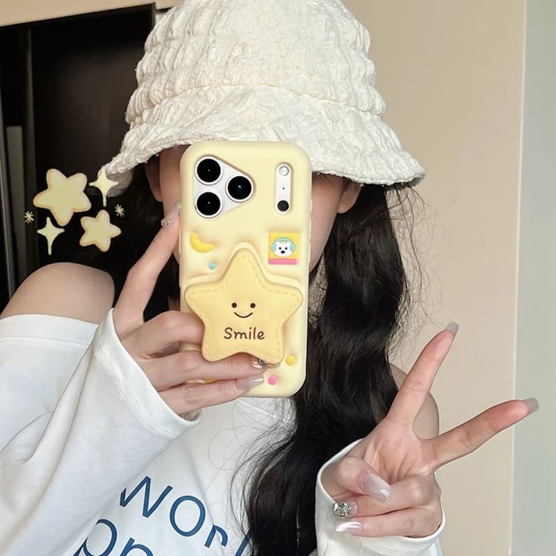 3d Star Stand Case For iPhone 17 Pro Max 16Pro Max Cute Phone Case For iPhone 15 14 13 12 Promax Case Yellow Cartoon Back Cover