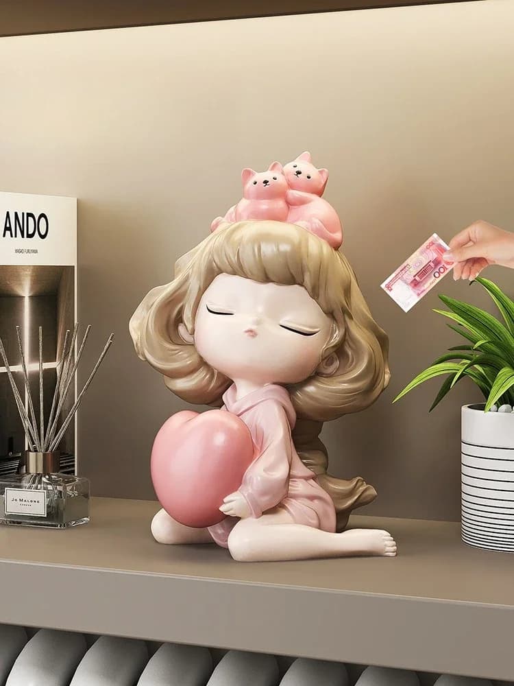 Cute Love Girl Statue Piggy Bank Desktop Ornaments Bedroom Children's Room Home Decor Sculptures Creative Birthday Gift Figurine