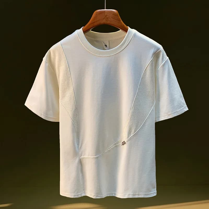 New summer 2025 spliced short sleeved T-shirt for men with a niche design, trendy and versatile casual round neck top