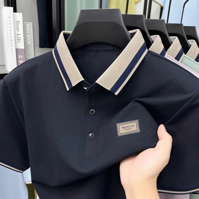 2026 Summer Ice Silk Men's Polo Shirt Color Block Collar Breathable Anti Wrinkle Smart Casual Daily Short Sleeve Top for Man