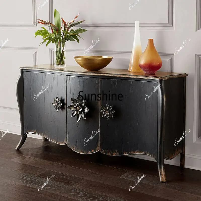 Retro old solid wood inlaid handle side cabinet classical black decoration entrance foyer
