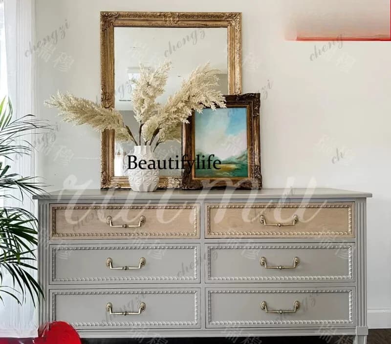 French retro engraved color matching solid wood bucket cabinet American country storage cabinet living room bedroom
