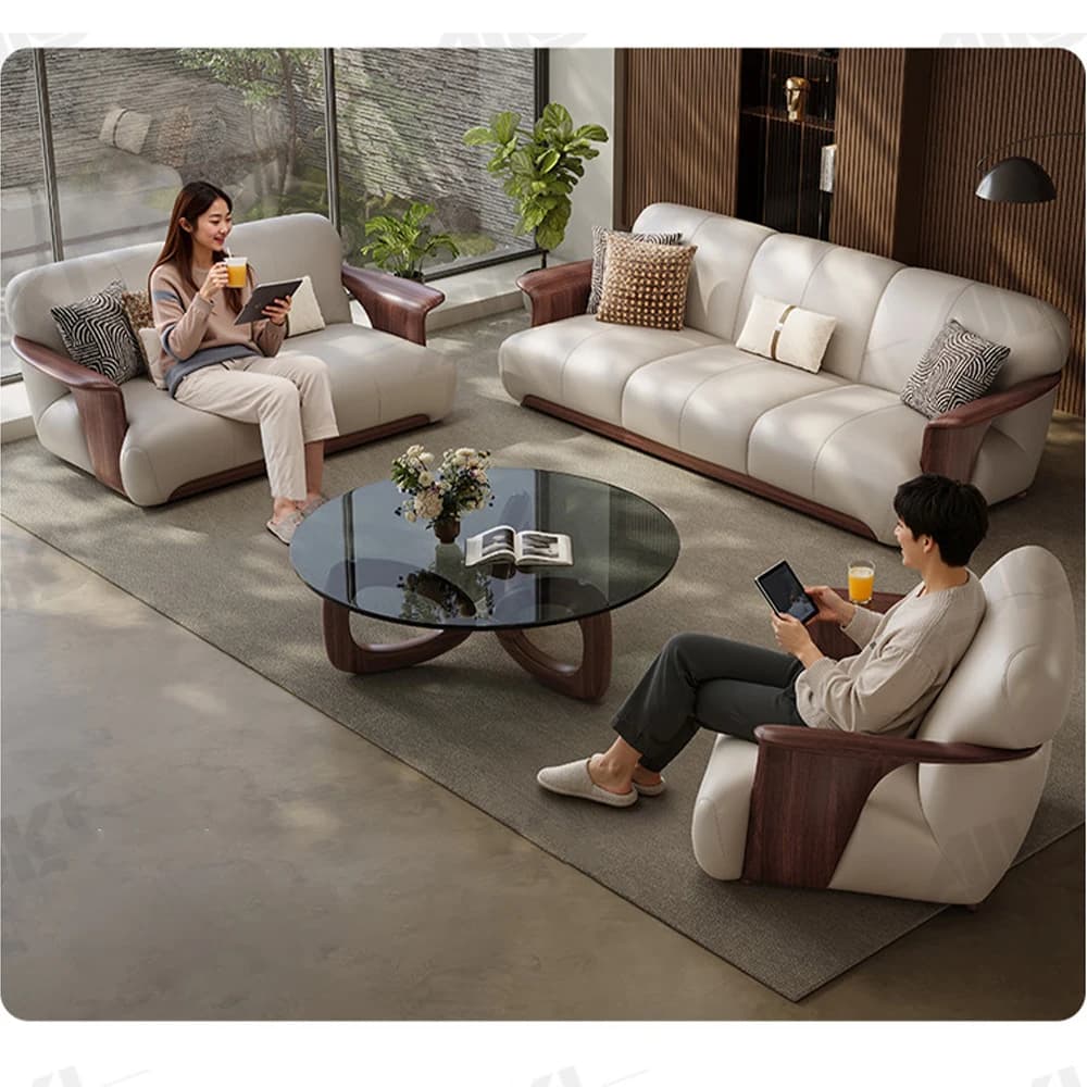 MANBAS Genuine Leather Sofa Couch, Mid-Century Upholstered Living Room Sofa with Solid Wood Armrests, for Home Apartment Office