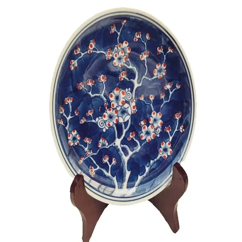 China Old Porcelain Plate Blue And White Underglaze Red Plum Blossom Pattern Vintage Decorative Dish