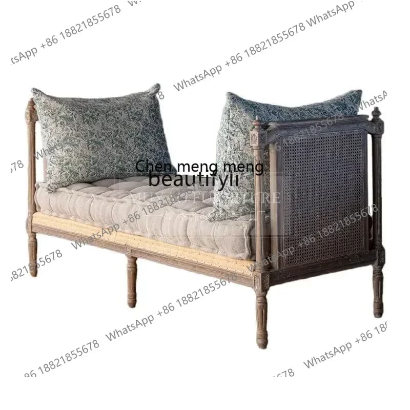 32French retro solid wood sofa American rattan large double three concubine leisure bedside bench living room furniture