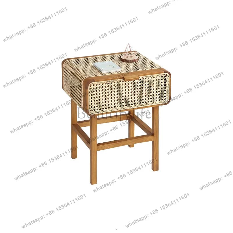 Solid wood rattan bedside table Nordic simple modern small cabinet B & B retro style