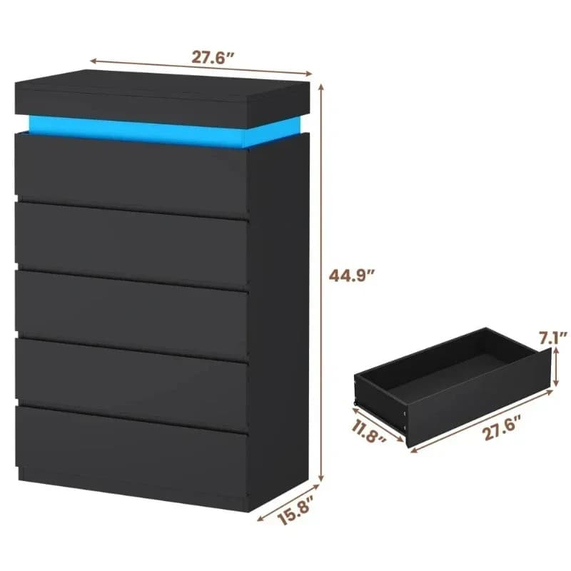 High 5 Drawer Dresser with Light Emitting Diode, Black Modern Chest of Drawers for Bedroom