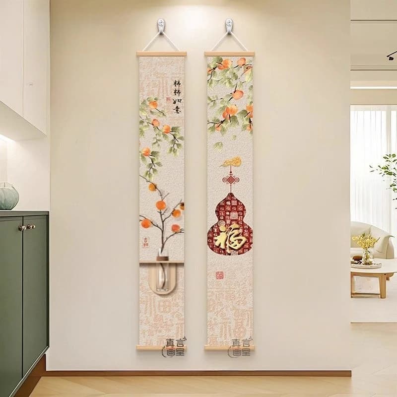 Wall Art Home Decor Chinese Persimmon Fu Painting Hanging Scroll Set of 2 Auspicious Traditional for Living Room Entryway