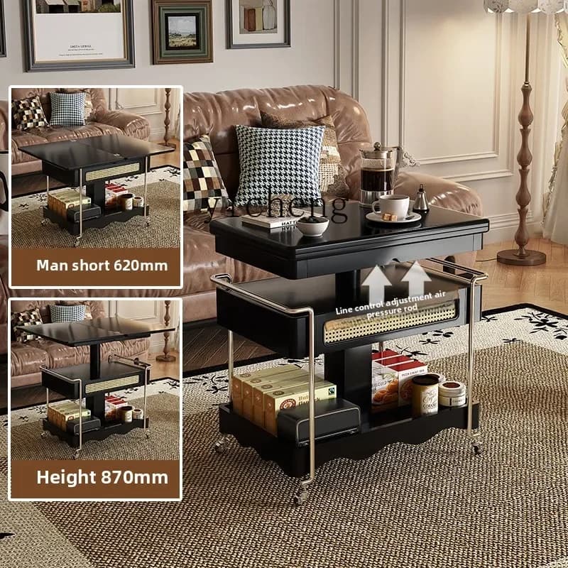 V21 Lift Folding Coffee Table Medieval Solid Wood Edge Table Living Room Home Multi-functional Balcony Mobile Trolley