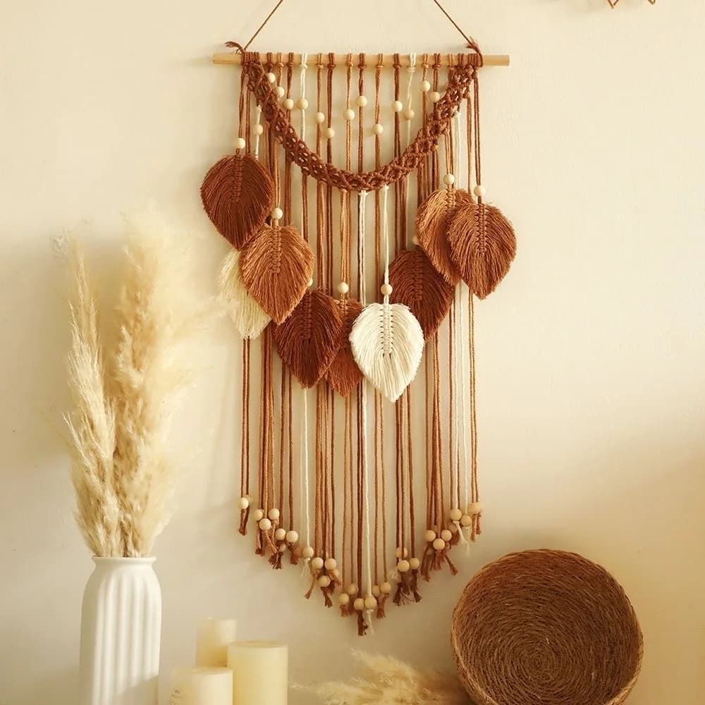 Hand Knitted Leaf Wall Decor, Cotton Rope Tassel Tapestry, Wooden Stick Wall Hanging Bohemian Home Furnishings Wall Decoration.