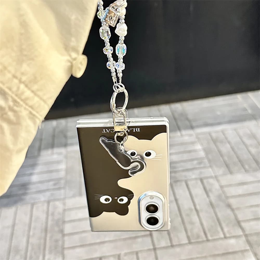 New 2026 Korean Cute Cartoon black Phone case for Samsung Galaxy Z Fold 8 Ultra Z Fold 8 PC cat Shockproof Cover Stand Chain