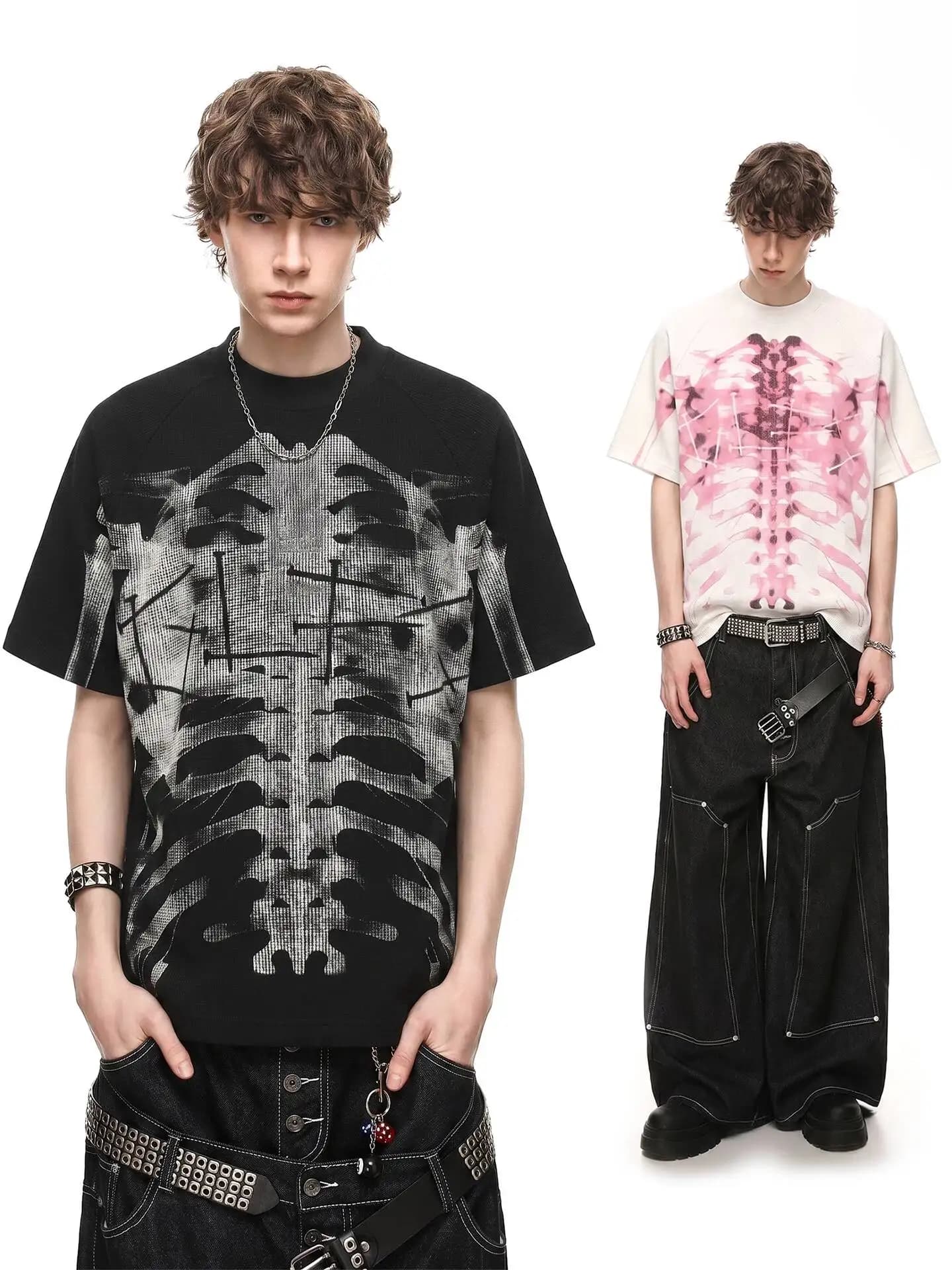 2026 Men X-Ray Skeleton Dot Print Waffle Knit Short Sleeve T Shirt Dark Gothic Vintage Streetwear Hip Hop Fashion Loose Top