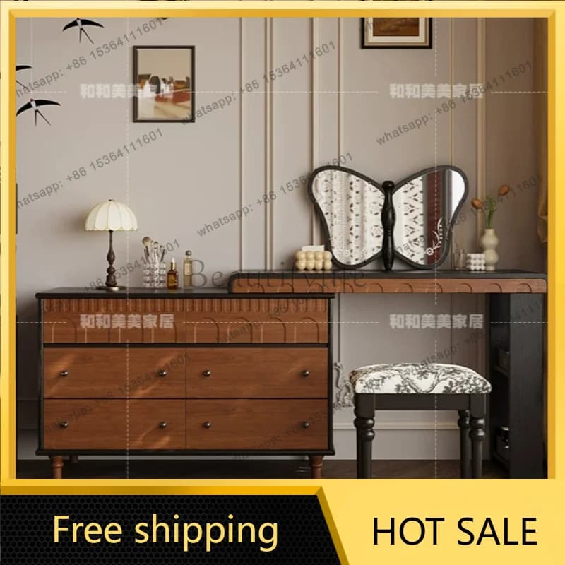 zj.French Vintage Solid Wood Vanity Table with Drawer Cabinet Mid-century Dressing Desk Combo Retro Makeup Table for Small Bedro