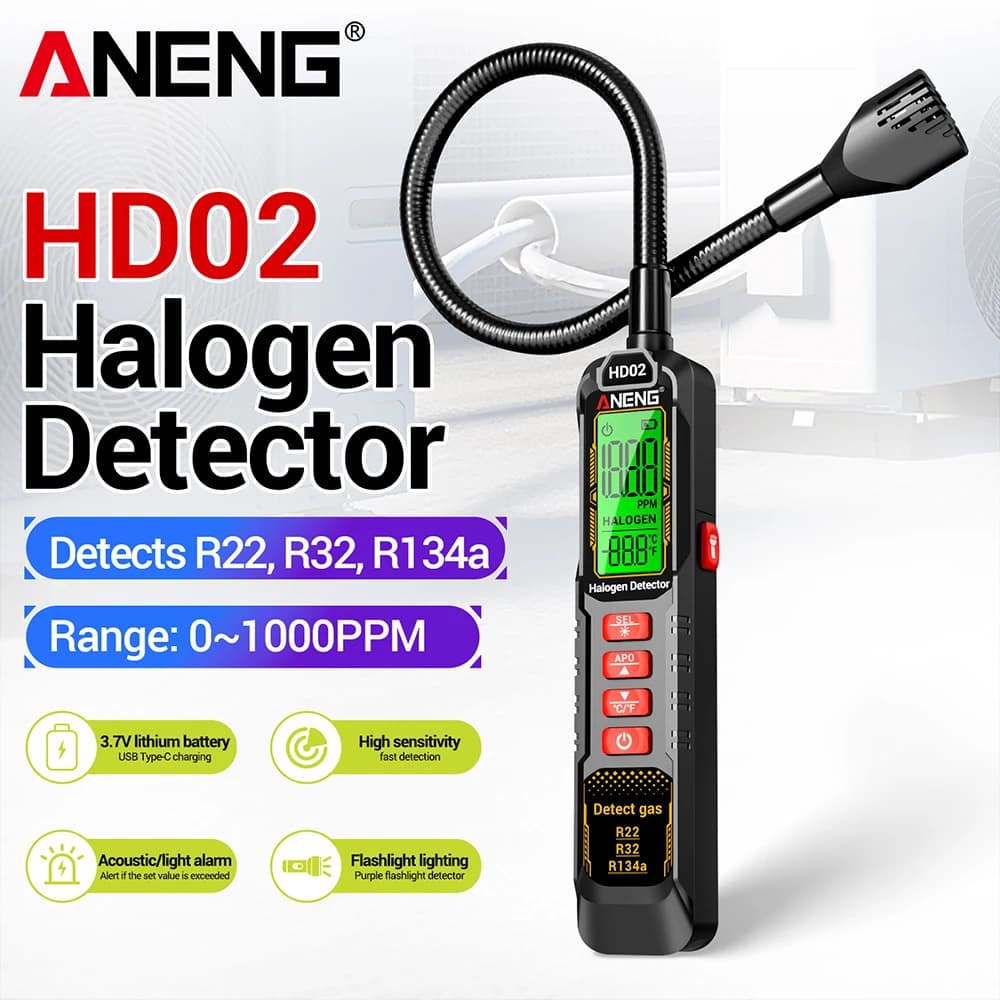 Smart Leak Detector Halogen Gas Refrigerant Gas Analyzer Air Conditioning R22  R32 R134a Gas 0~1000PPM HD02 Rechargable Tester