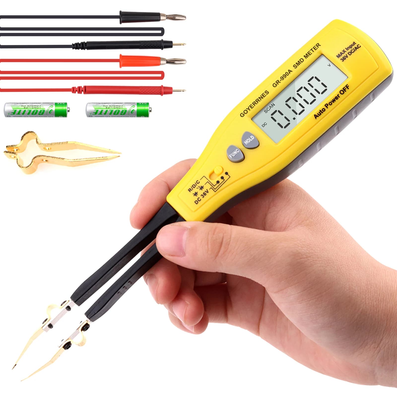 Handheld Auto SMD Tester 3000Counts Gold‑plated Probe DC36V Max Resistance Capacitance Diode Zener LED Continuity for PCB Repair