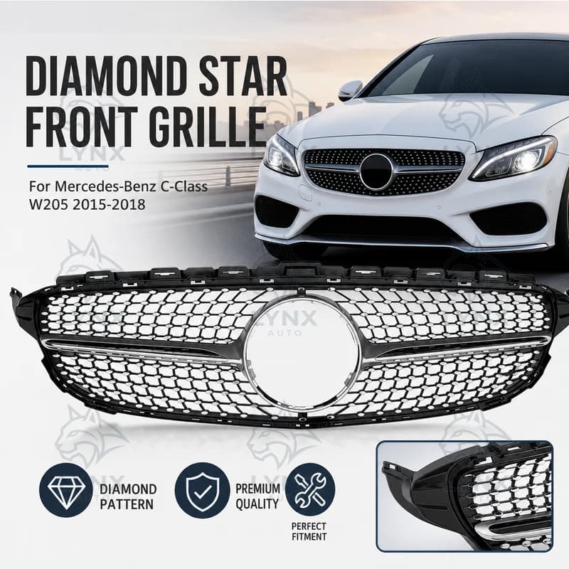 For Mercedes-Benz C-Class W205 2015-2018 Diamond Star Grille Vertical Bars Silver Front Bumper Grille for W205 Modified