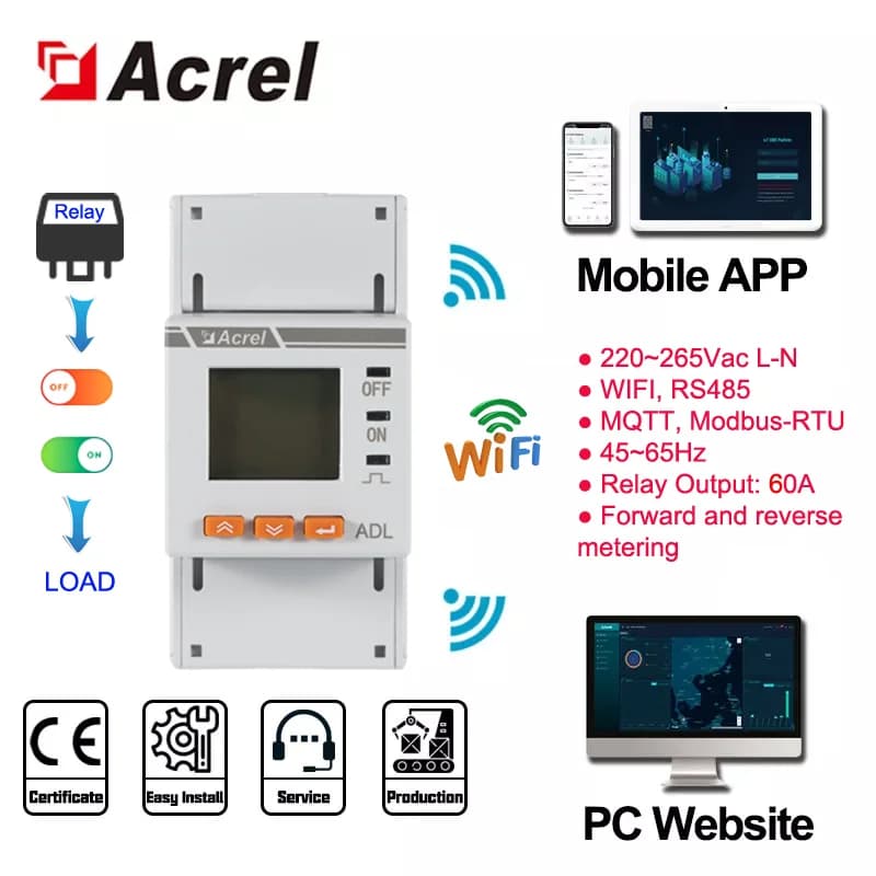 Acrel ADL200-NK WiFi Smart Energy Meter Single Three Phase 60A Relay Output Remote On-Off Control for Smart Home Via MQTT RS485