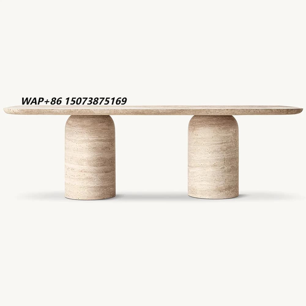 Kumusi High Quality Solid Stone Beige Travertine Bullet Base Dining Table for Home for Restaurant or Hotel