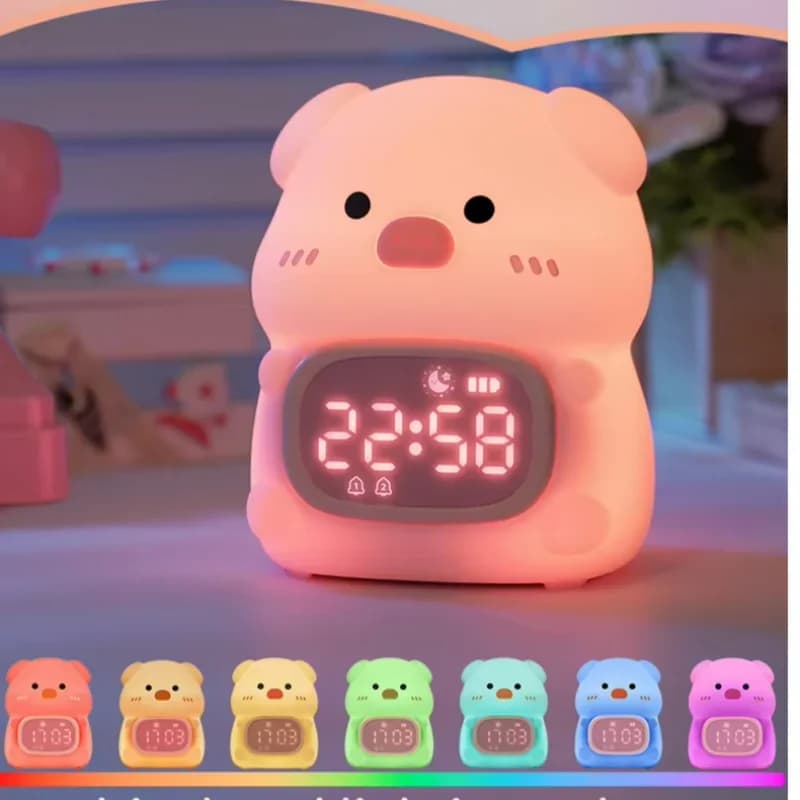 Cute Pink Pig Led Night Light Clock, Dimmable Soft Silicone Nursery Lamp, Usb Wake-up Sleep Training Light For Kids Baby Bedroom