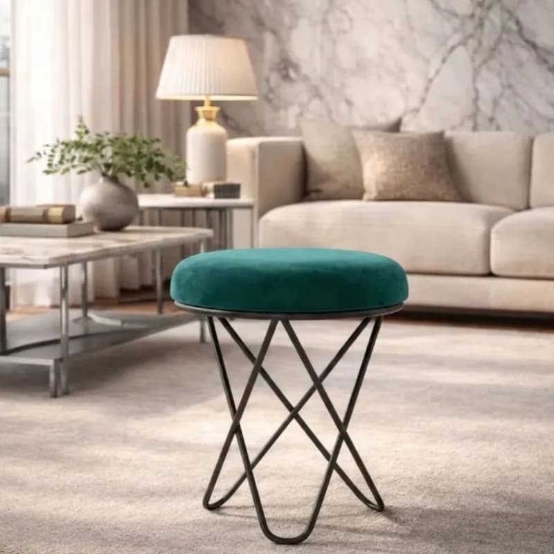 Round metal base footstool with stylish upholstered seat