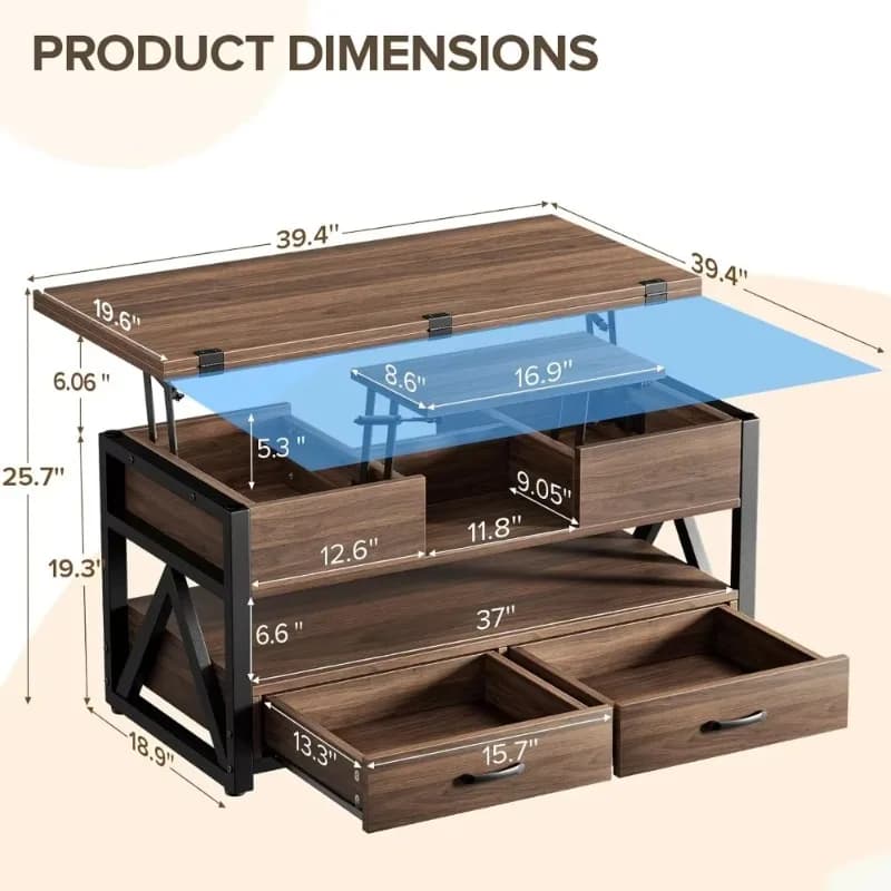D1440" Lift Top Coffee Table With Storage, Walnut | Multi-Function Lifting Top Table For Living Room