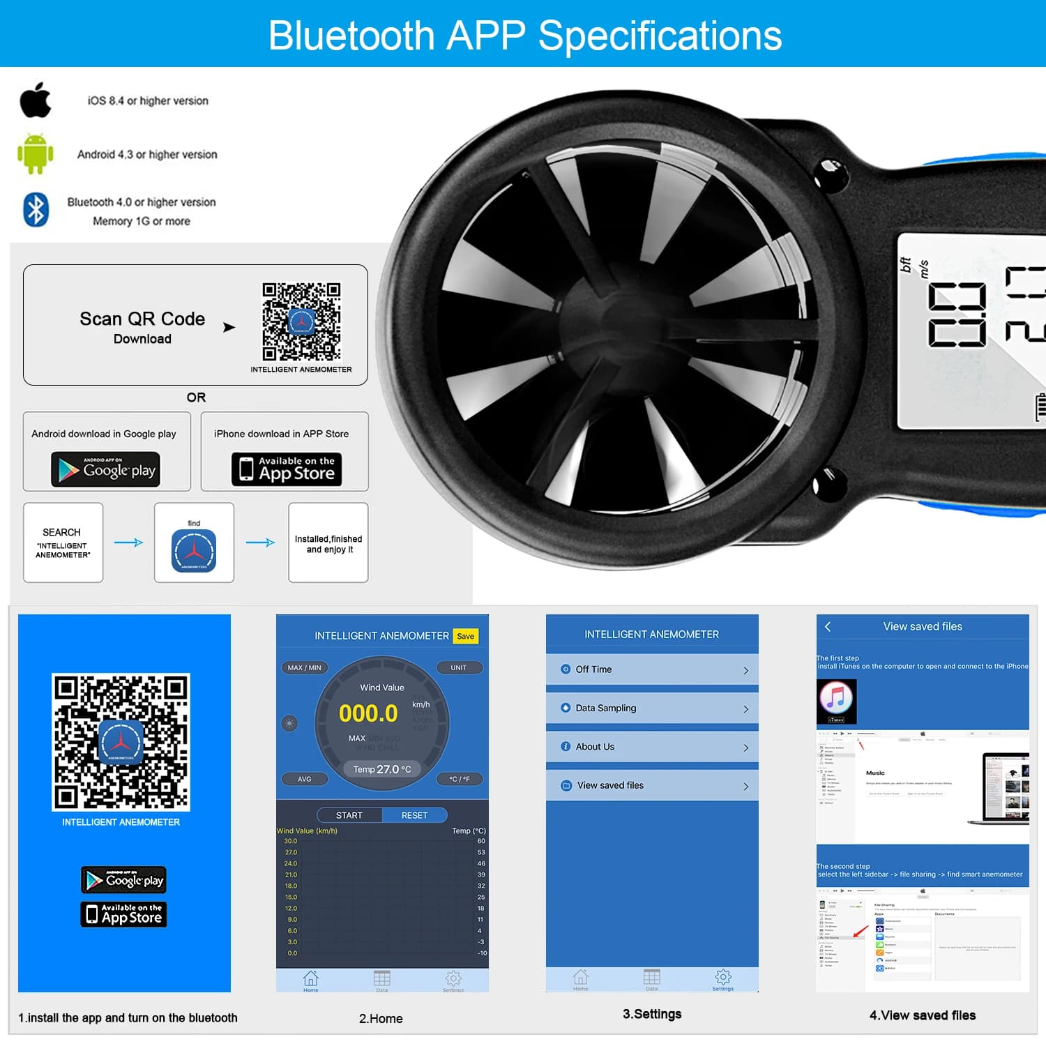 Phone APP Anemometer, 0.3~30m/s Wind Speed Measurement Meter Measure Wind Temp Tool, Wind Meter Air Flow
