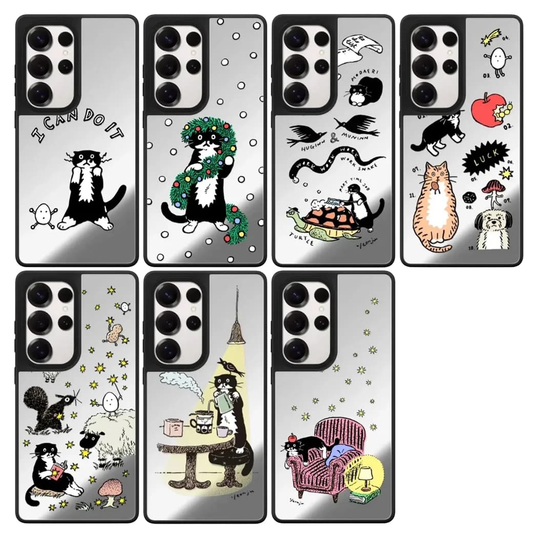 Cartoon Black Cat Sofa Pattern Mirror Surface Magnetic Phone Cover for Samsung Galaxy S23 S24 S25 Ultra S25+ Plus Case