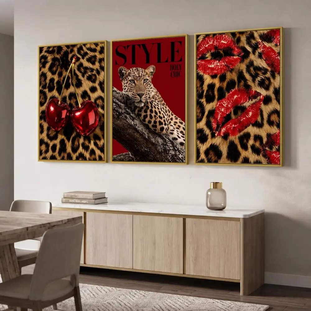 Leopard Print Glam Aesthetic Painting Calligraphy 3 PCS Canvas Wall Art for Living Room Bedroom Prints Decor Modern Wall Decals