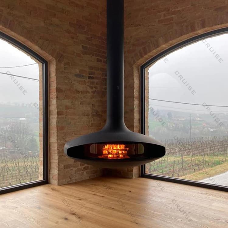 Steel Float Indoor Round Wood Burning Glass Door Rotating Suspended Hanging Fireplace for Indoor Heating