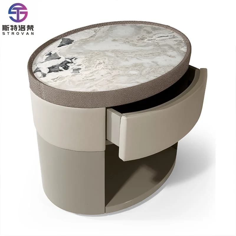 Luxury Solid Wood Frame Marble Countertop Round Nightstand Table Bedside Cabinet Italian Contemporary Villa Luxury Nightstand
