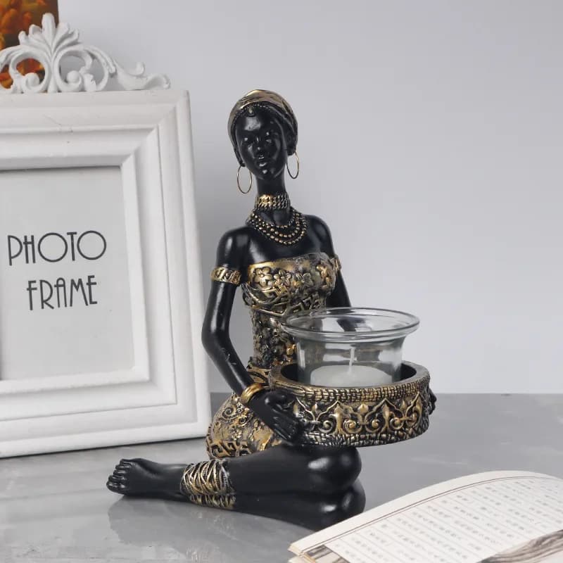 Creative Resin African Black Women Sculpture Candlestick Ornaments Living Room Wine Cabinet Entrance Jewelry Storage Decoration