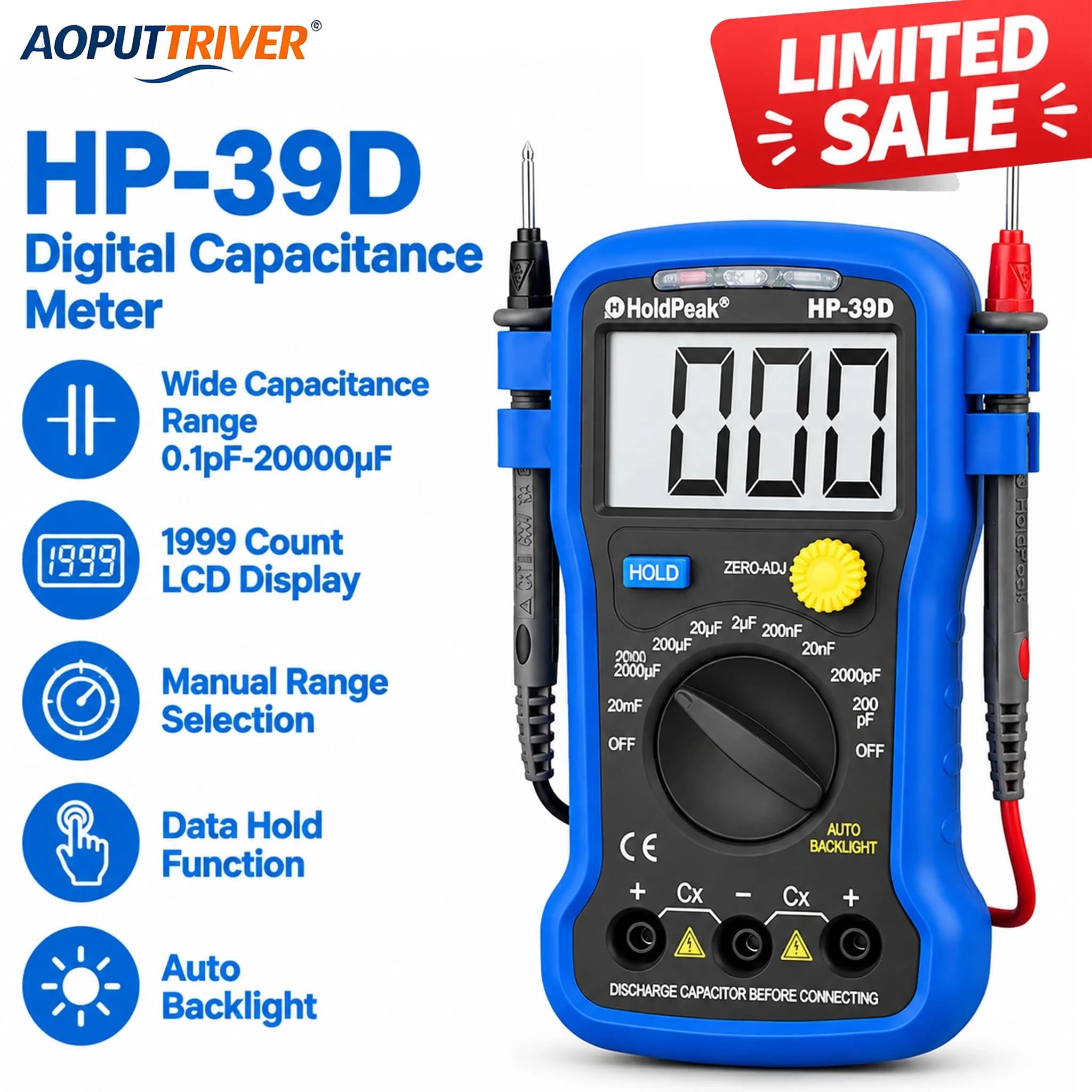 HoldPeak Digital Capacitance Meter 0.1pF-20000uF Portable Capacitor Tester LCD Backlight 3 1/2 Digits Hold Zero Adjust 9 Ranges