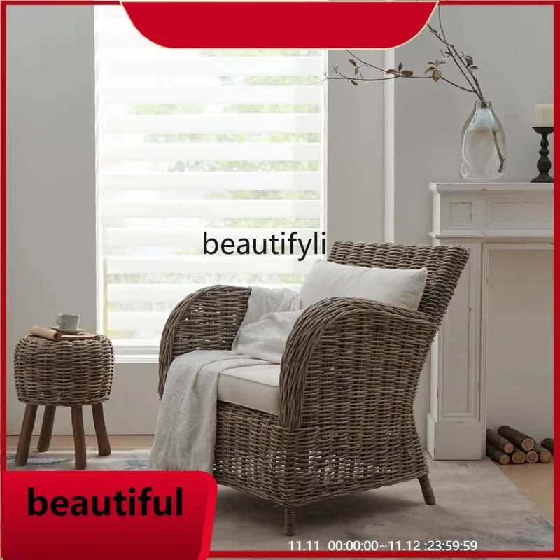 Retro Real Rattan Armchair French Country Leisure Chair Courtyard Backrest Couch  H