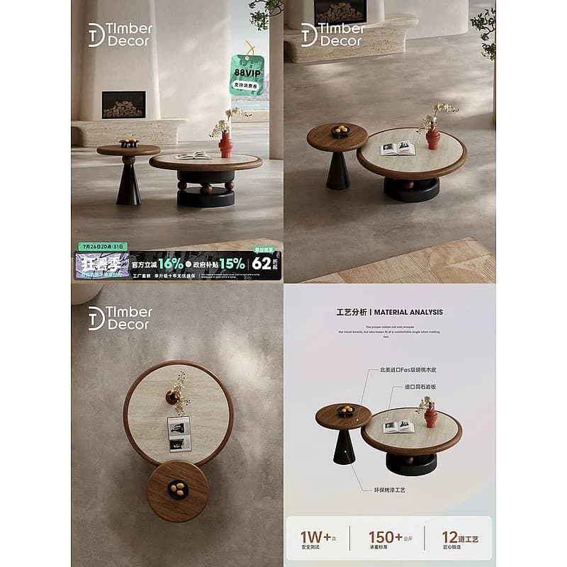 2026 New Travertine Slate Round Coffee Table Set for Small Living Room, Vintage Style Home Furniture