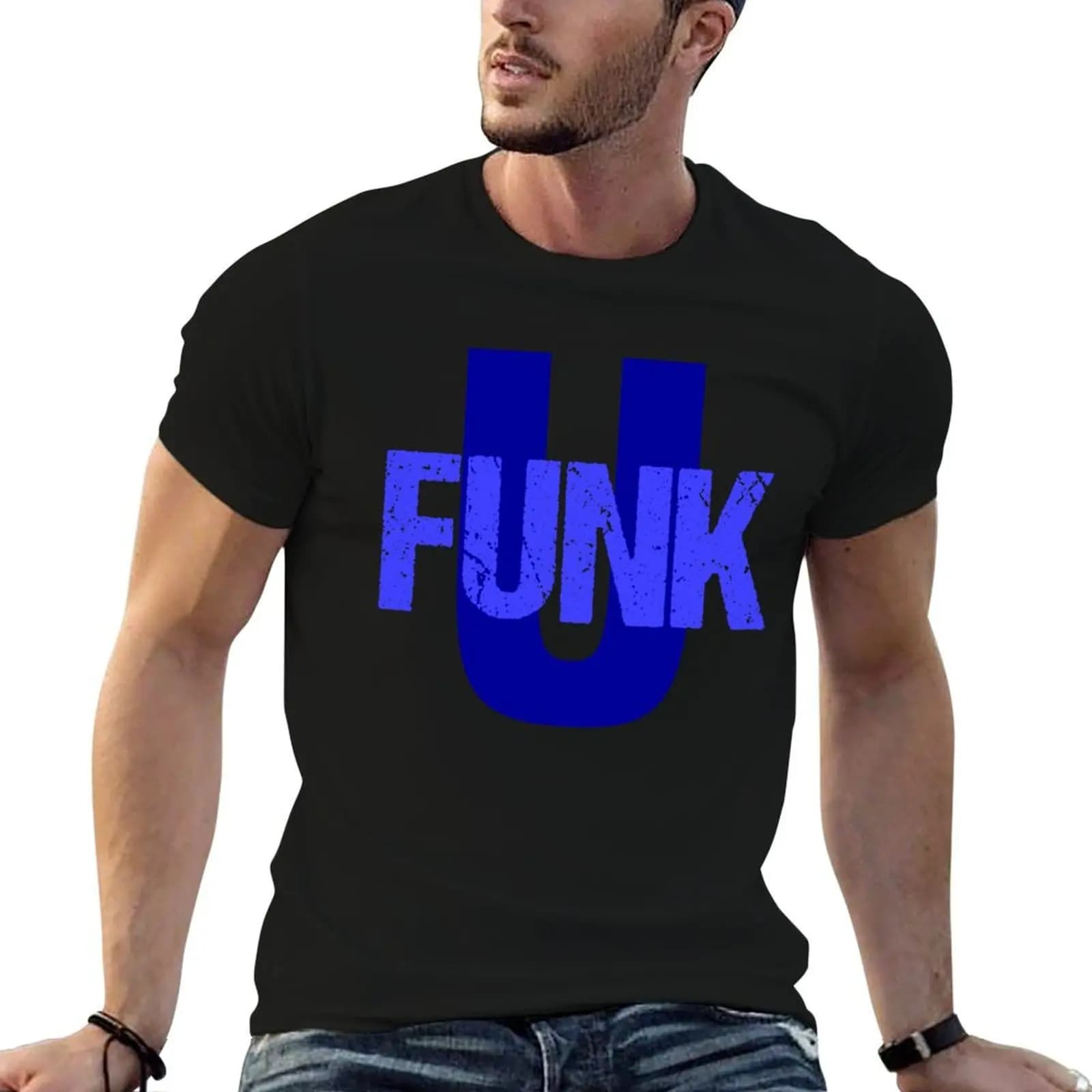 Funk U (blue design - black background) T-Shirt anime figures cute clothes slim fit t shirts for men