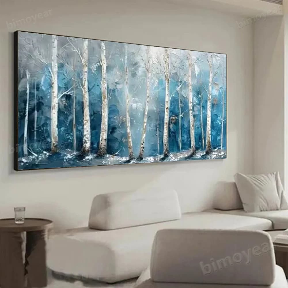 100% Hand Painted Abstract Oil Painting Blue Forest Landscape Wall Art Picture On Canvas Mural For Living Room Home Decor Paint
