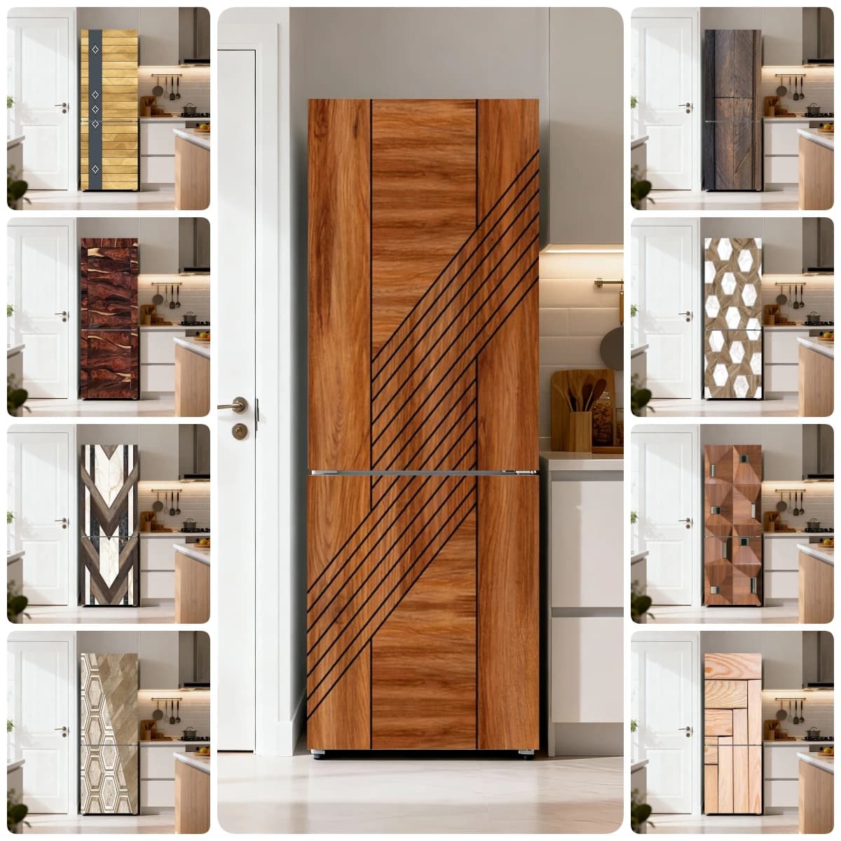 Wood Grain Geometric Fridge Door Sticker Full Door Covered Wallpaper Self-adhesive Sticker for Wall Decals Home Decoration