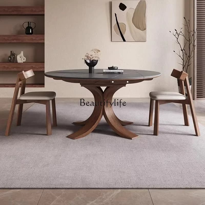 FG*Retractable rock slab dining table Household small apartment square and round dual-purpose solid wood dining table