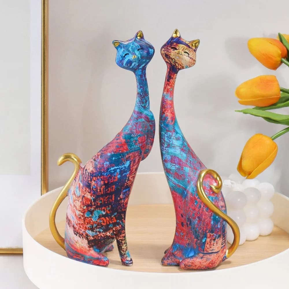 2Pcs Resin Cat Statue Set, Fashion Couple Cat Figurines, Desktop Ornament for Home Decor, Art Craft for TV Cabinet, Holiday Gift