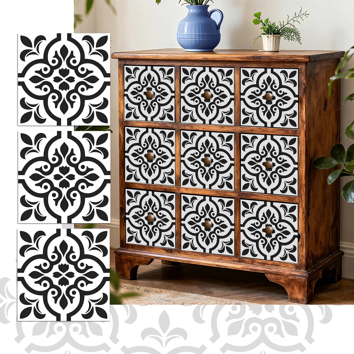 36Pcs Vintage Floral Tile Stickers, Self-Adhesive Peel and Stick Wall Decals, Waterproof for Kitchen Bathroom Home Decor