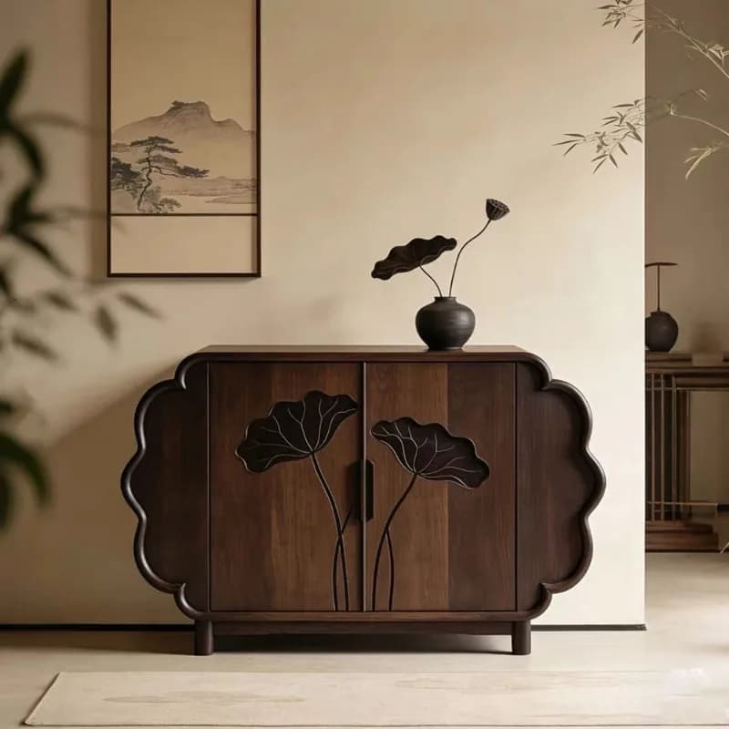 Solid wood locker lotus carving side cabinet is suitable for living room