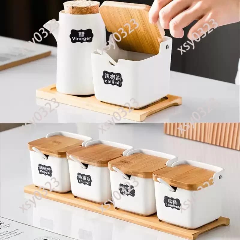 Ceramic Seasoning Jar Set, Salt Sugar Spice Storage Kitchen Container