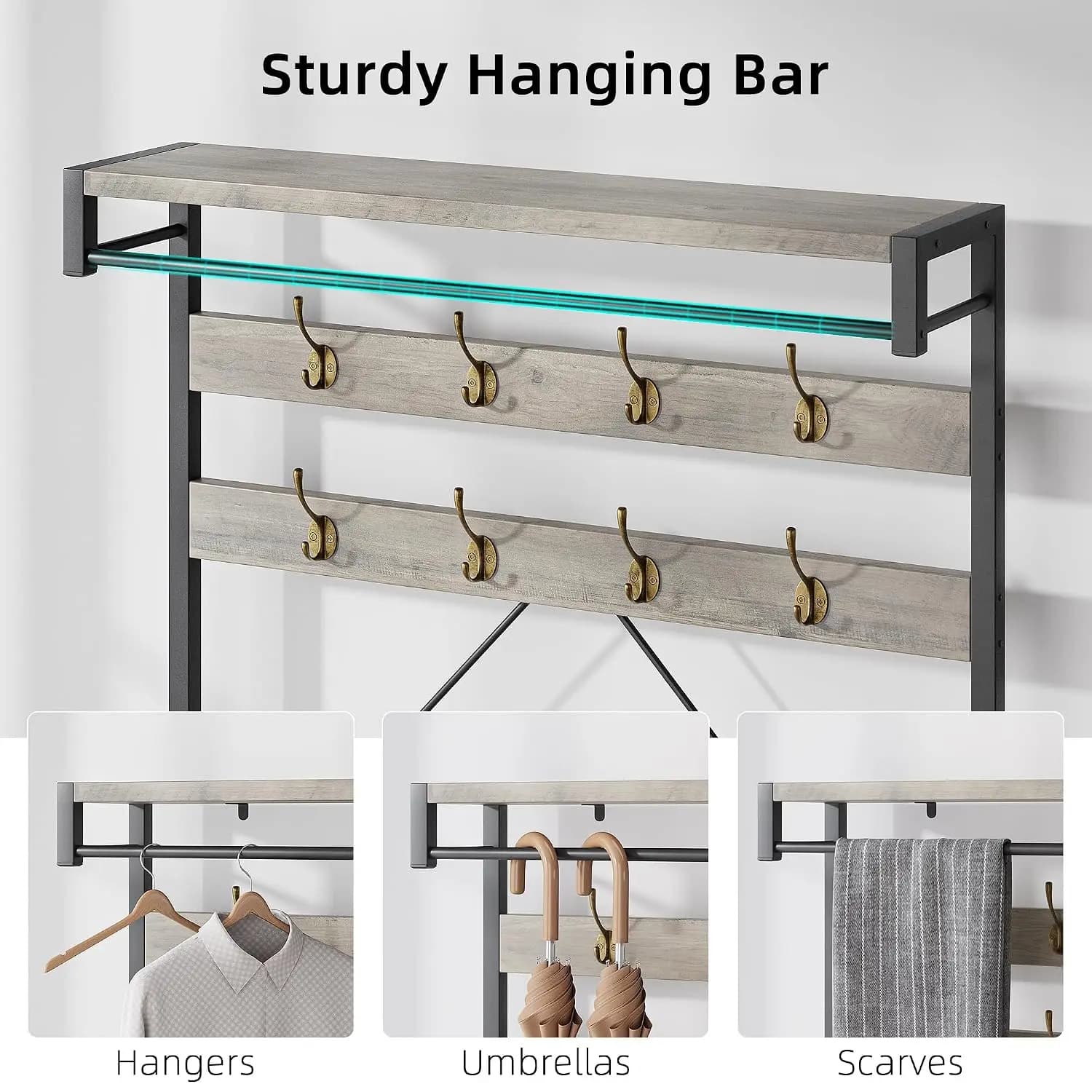 Hall Tree with Bench and Shoe Storage, Entryway Organizer with 8 Hooks