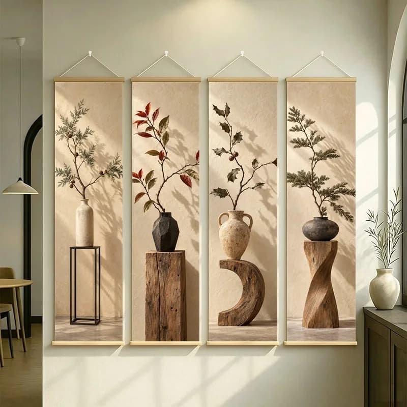 Wall Art Preserved Holly Leaf and Preserved Norfolk Pine, Calm Wabi-Sabi Silver Shimmer Canvas Hanging Scroll for Spa Room