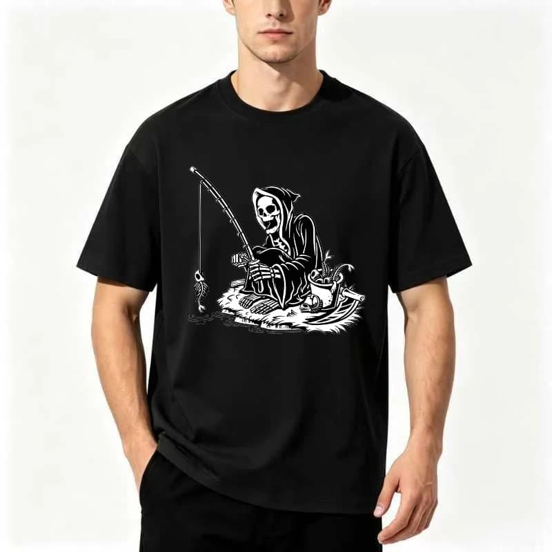 Summer cotton and linen high street style black and white Death God Fisherman T-shirt with retro dark aesthetic