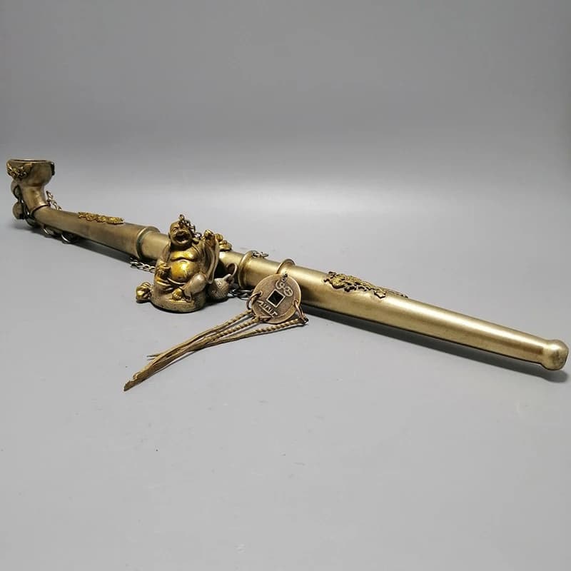 Antique Collectible with Maitreya , Brass Big-Belly Smoking Pouch Ornament, Bronze Buddha Stat