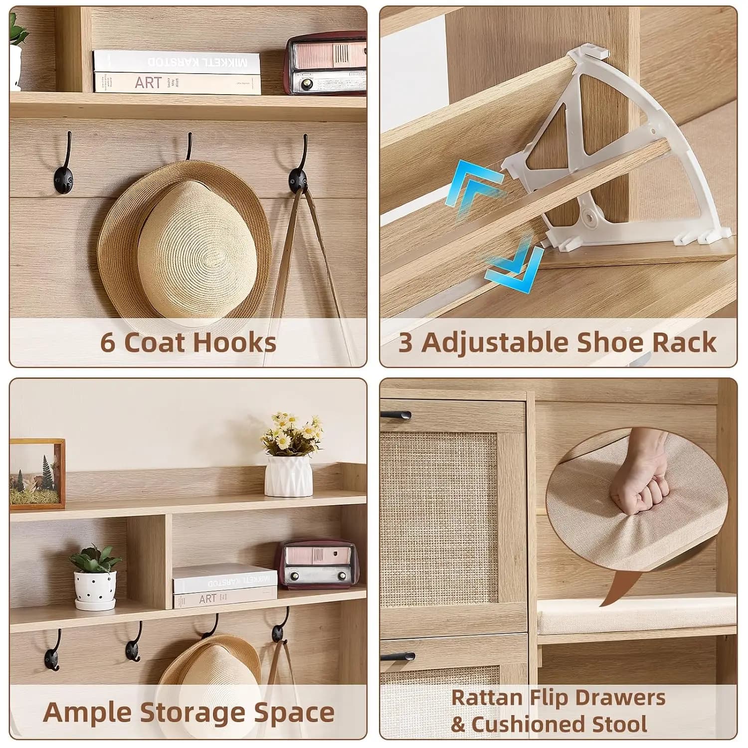 78" Tall Boho Hall Tree with Bench & Shoe Storage, 4-in-1 Mudroom Rattan Coat Rack with 2 Flip Drawers & Cushioned Stool
