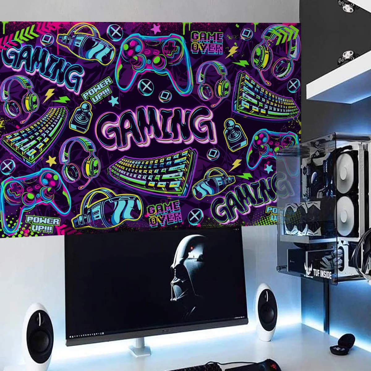 Gamer Keyboard Wall Decals - RGB-Inspired English Keycap Stickers for Esports Room Decor