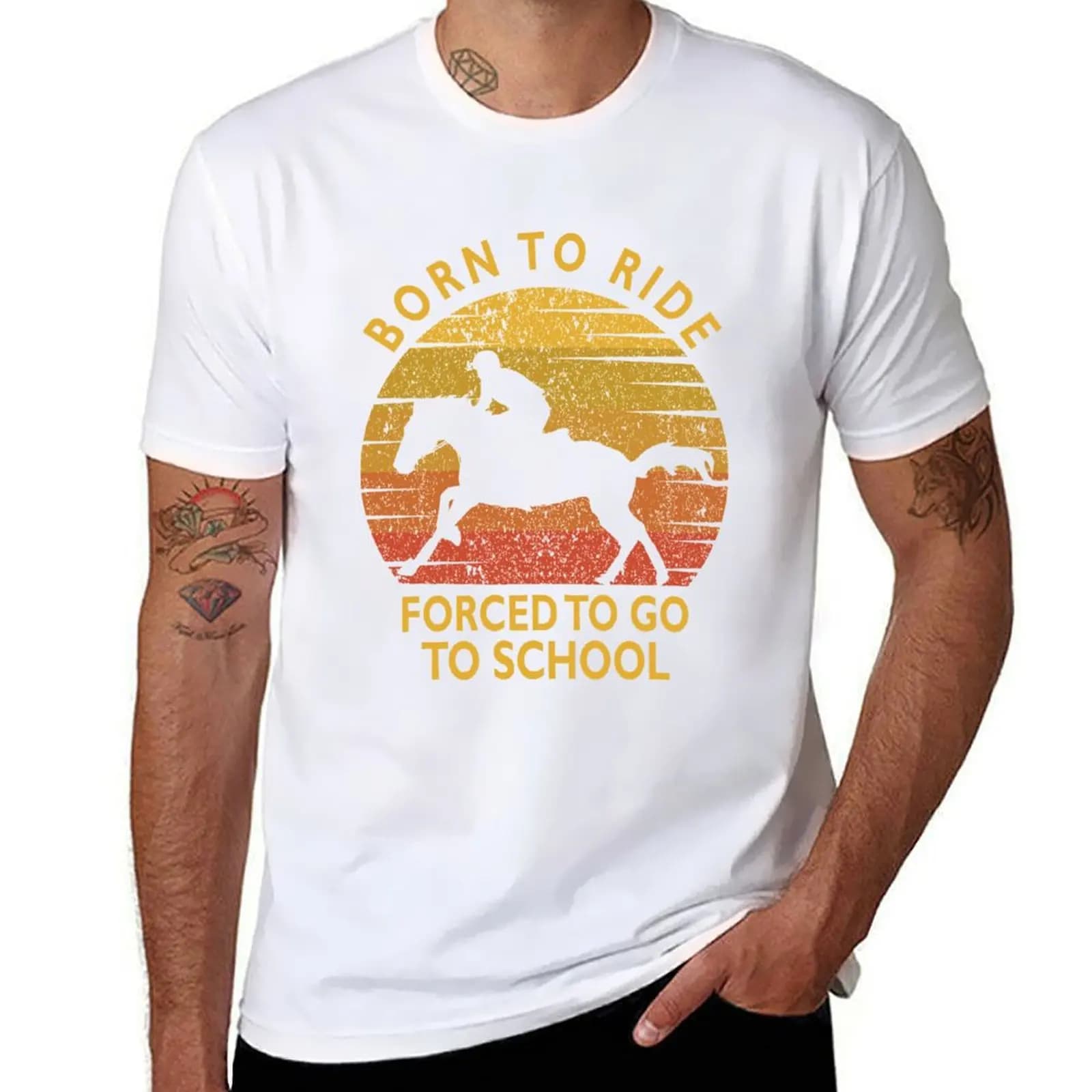 Born to ride forced to go to school retro vintage Horses lovers T-Shirt anime tshirt t shirts for man cotton soft T-Shirt