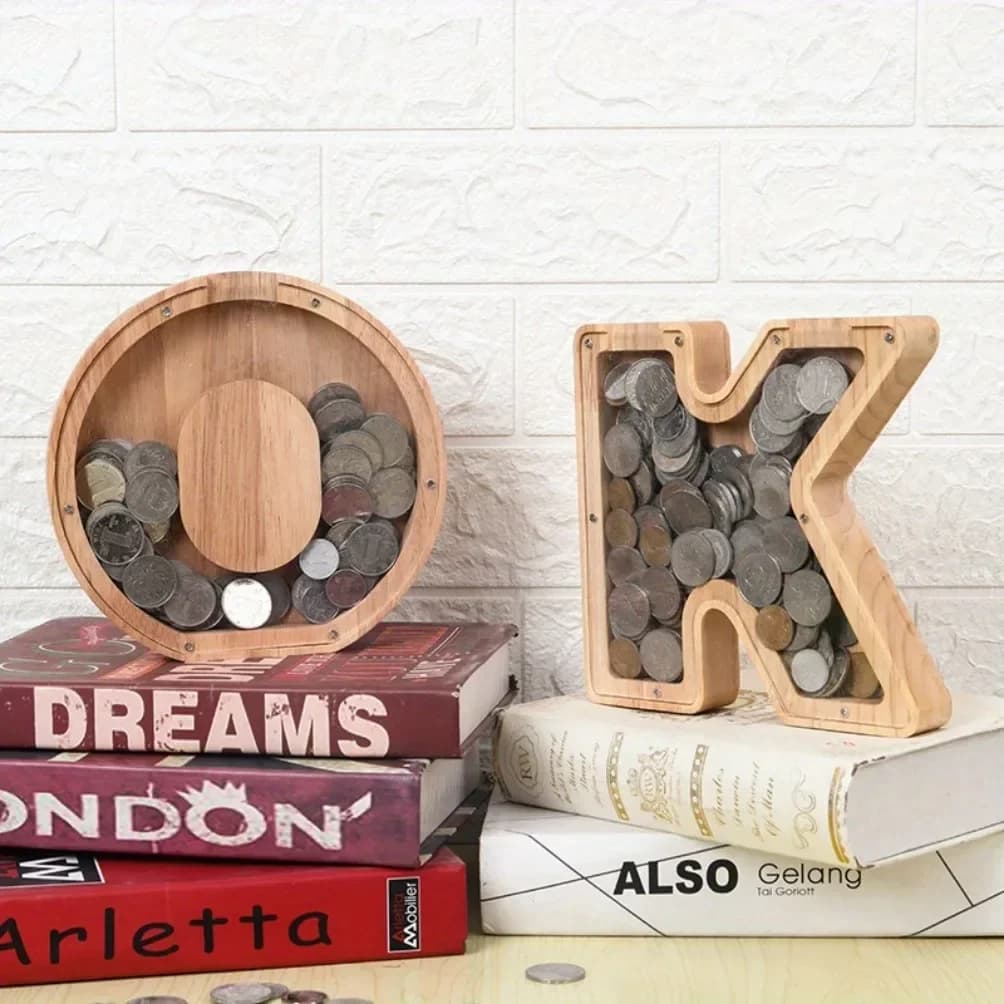 26 Letters English Piggy bank Wooden Coin Money Saving Box Coins Storage Box Home Decor Desktop Ornament Crafts Creative Gifts